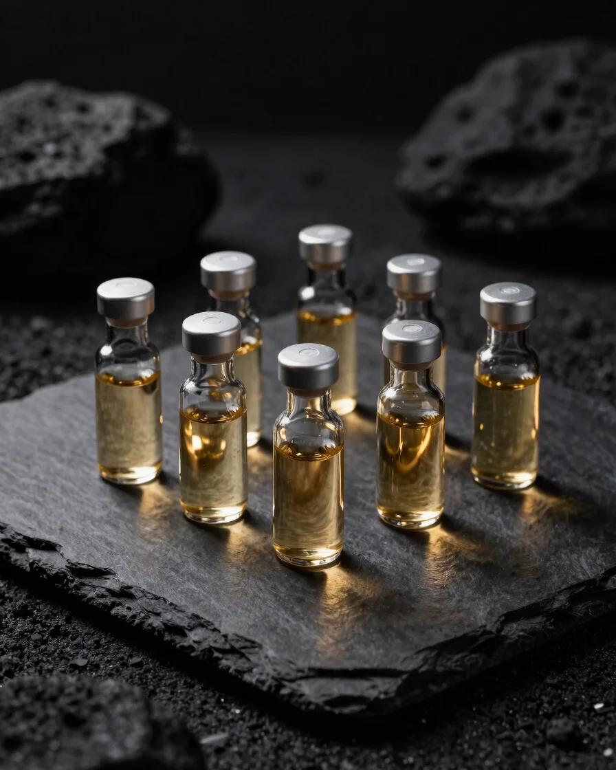 Luxury glass decant sample vials arranged on dark slate, golden light catching the liquid, minimalist editorial still li