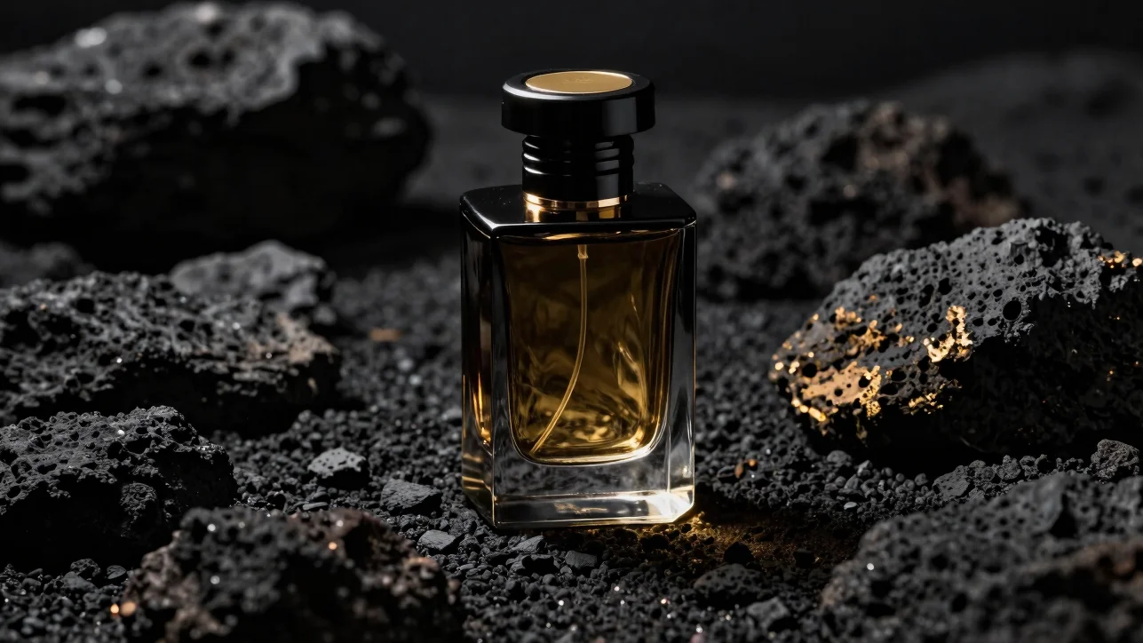 Dark luxury perfume bottle on volcanic stone with golden highlights, studio chiaroscuro lighting, 85mm macro lens