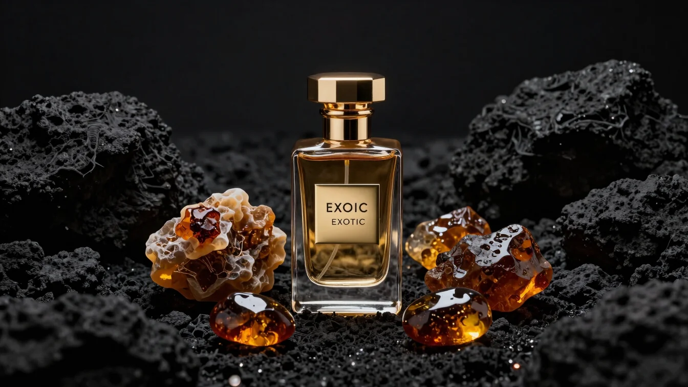 Exotic perfume flacon surrounded by raw resin and amber drops, dark moody background, high-end editorial product photogr