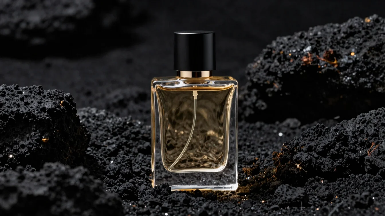 Heavy glass perfume bottle reflecting warm champagne light against a deep black volcanic backdrop, macro detail