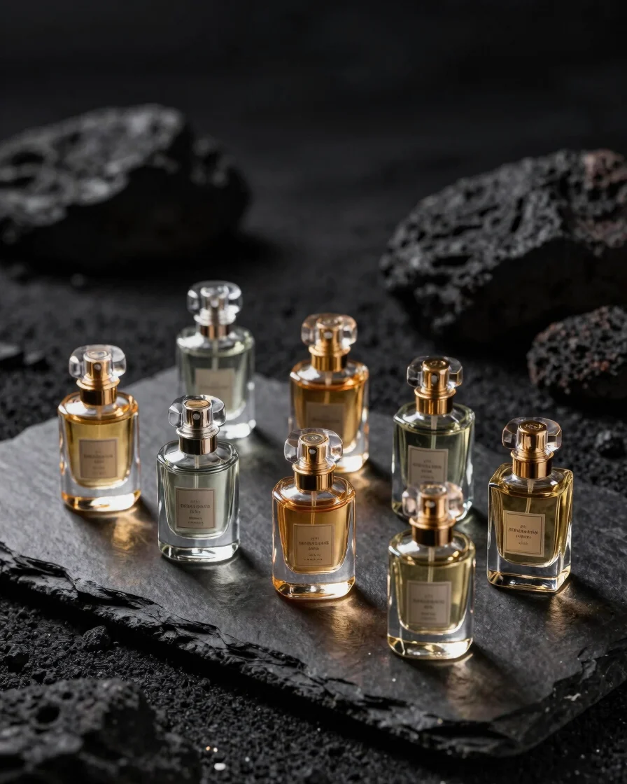 Multiple miniature luxury perfume decant glass vials arranged on dark slate, moody lighting, professional product photog
