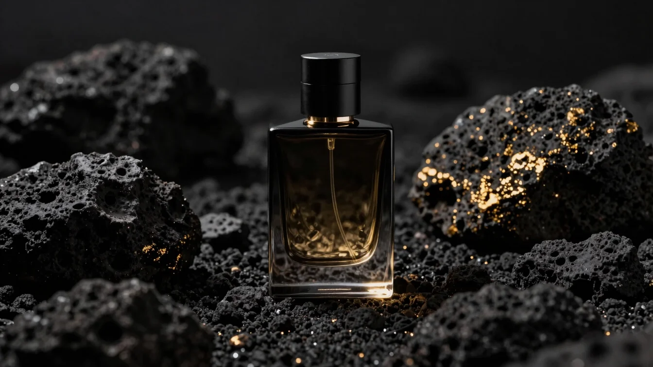 Dark luxury perfume bottle on volcanic stone with golden highlights, studio lighting, macro photography