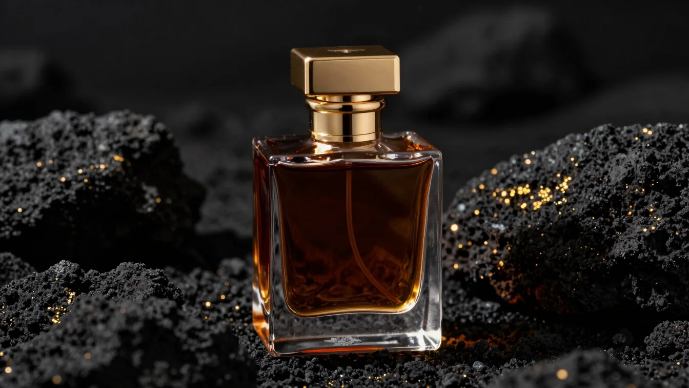 Close up of glass perfume flacon with dark amber liquid and golden cap, dramatic chiaroscuro