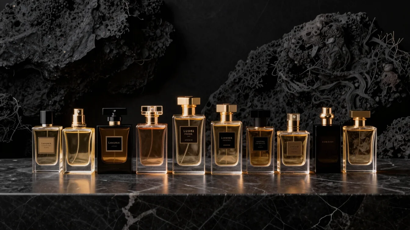 Luxury perfume atomizers arranged on dark marble surface with soft warm rim lighting
