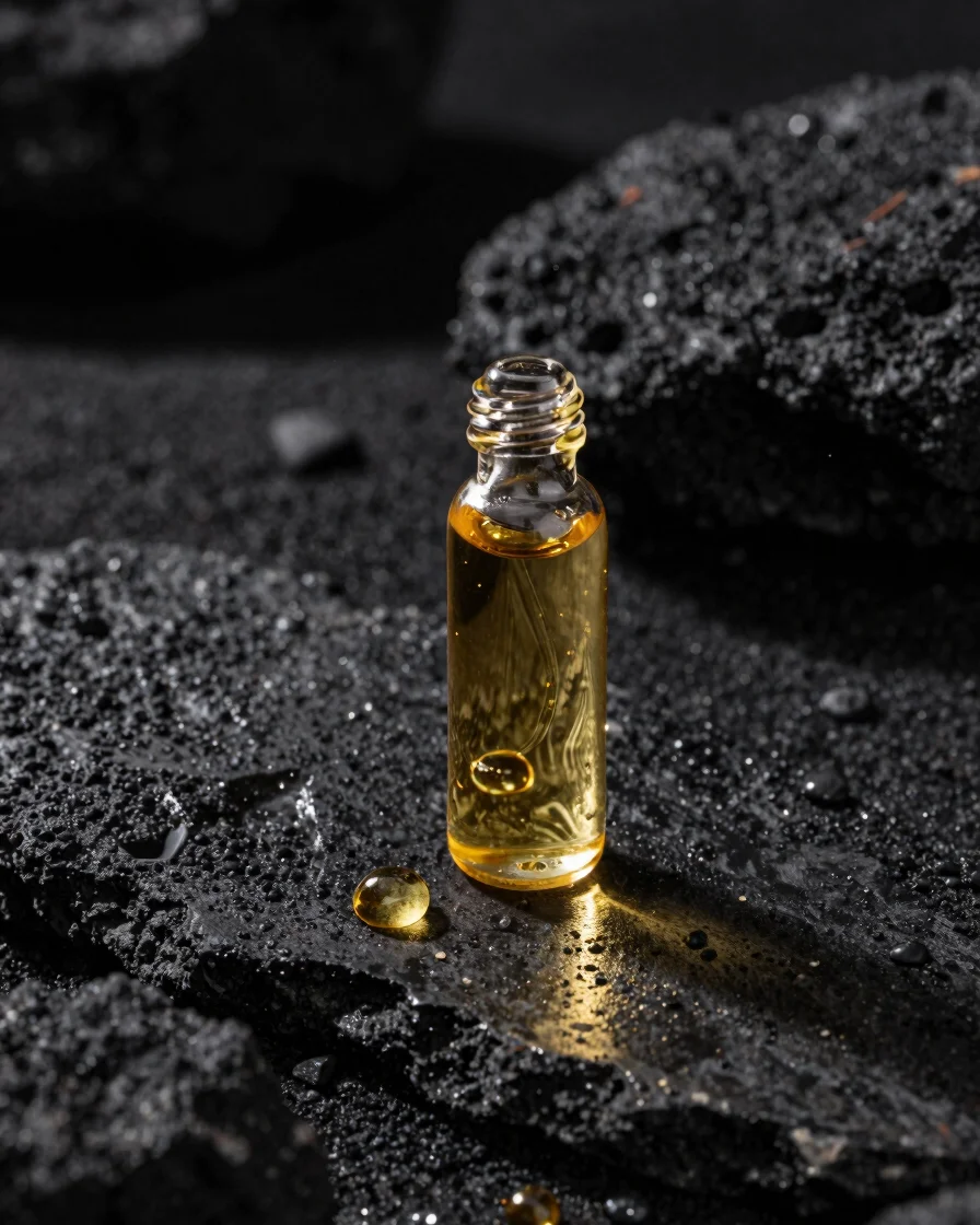 Macro photography of golden aromatic oil droplets on dark polished stone texture