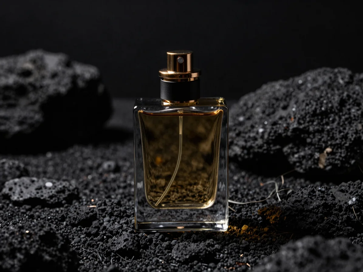 Dark heavy glass perfume bottle resting on black volcanic stone, dramatic chiaroscuro studio lighting with golden reflec